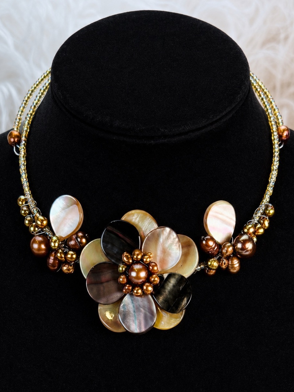 Vintage Iridescent Floral Statement Necklace Bronze Tone Beaded Collar